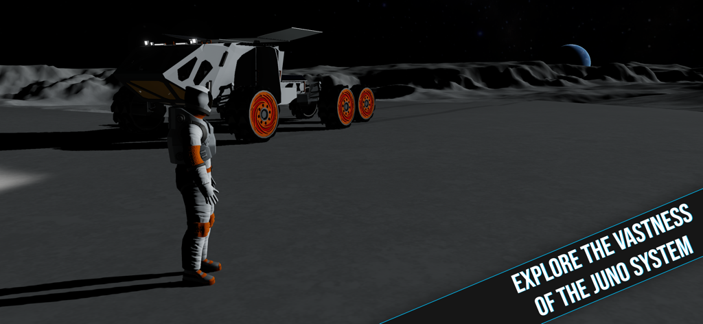 Juno: New Origins - An astronaut and a planetary rover on a moon surface in the Juno System