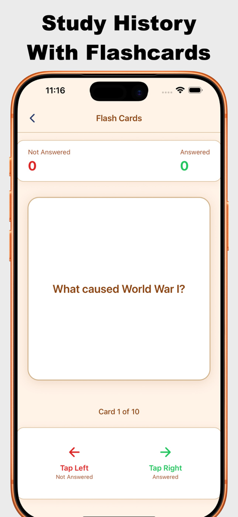 History AI app interface showing a flashcard with a question about the causes of World War One