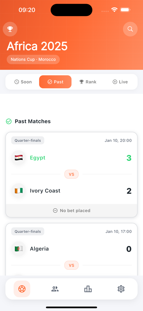 GoBet - GoBet app interface displaying past football match results and scores for the Africa Nations Cup