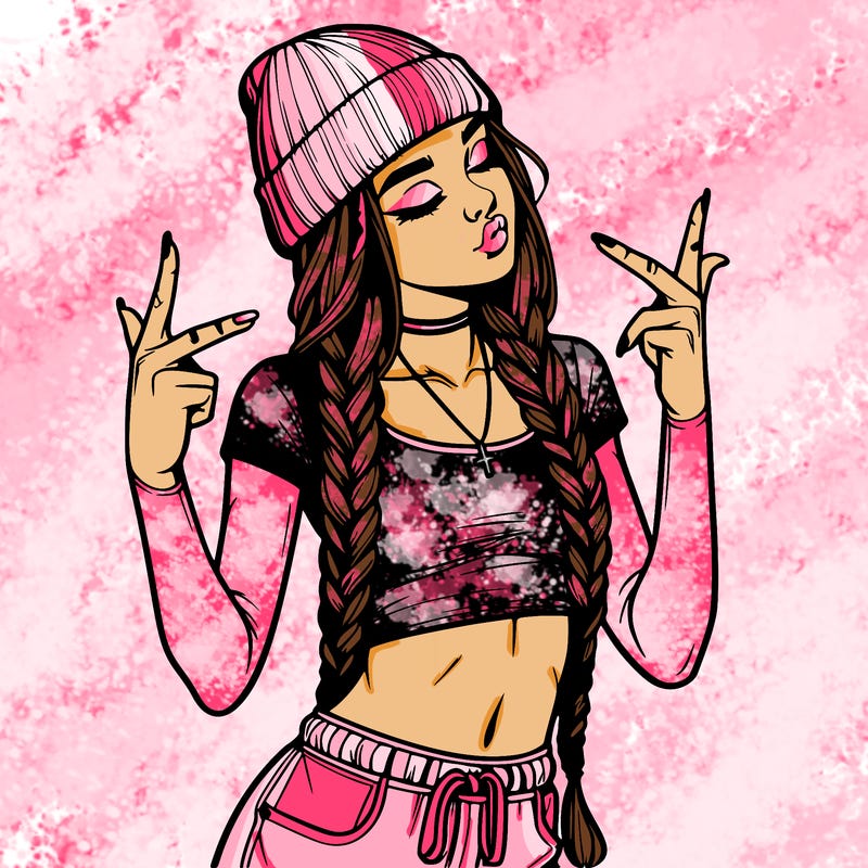 realistic teenage girl with braids and a beanie and crop top doing 🫶🏼