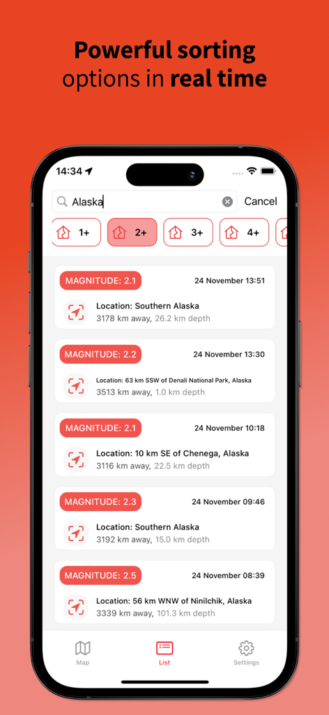 Earthquake Hub - Interface de l'application Earthquake Hub montrant une liste des séismes récents en Alaska avec des détails de magnitude et des options de tri