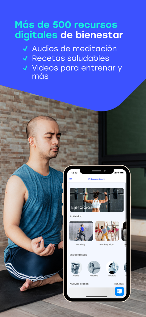 Monkeyfit - A man meditating next to a phone displaying Monkeyfit training and wellness categories.