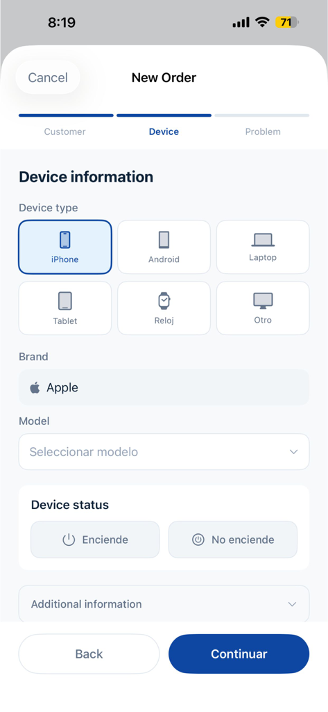 axer - Mobile app screen for entering device information for a new repair order