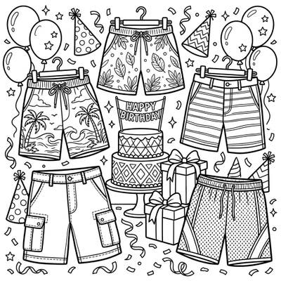 Get ready to celebrate with this unique men's shorts birthday coloring page! Explore a variety of stylish shorts designs surrounded by festive party essentials like cakes, balloons, and gifts, perfect for a fun creative escape.