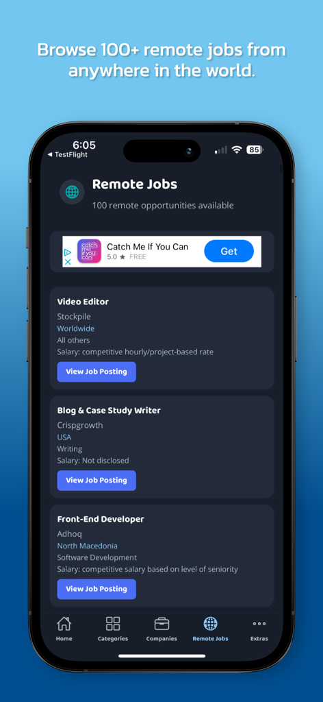 Feta - Make Money Online - A mobile screen from the Feta app displaying various remote job listings including video editor and blog writer roles.
