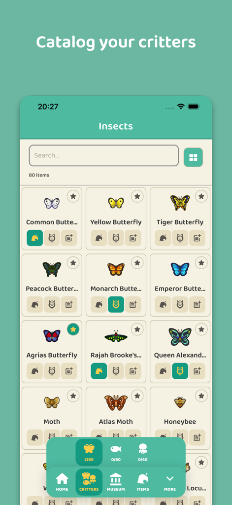 ACNH.Guide for Animal Crossing - Mobile app interface showing a grid of collectible butterflies and insects for tracking museum progress in Animal Crossing New Horizons.