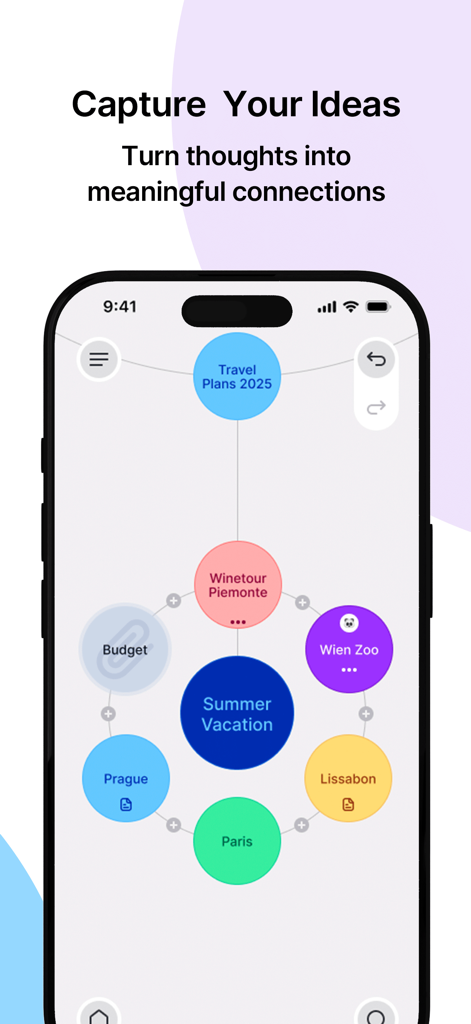 Mindly 2 app on iPhone displaying a visual mind map with colorful circles for travel planning