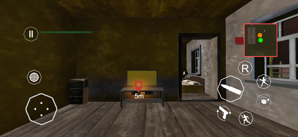 Zombie Games Survival Shooting - Pantalla de juego de un juego de disparos de supervivencia zombie que muestra el interior de una habitación con controles táctiles y minimapa