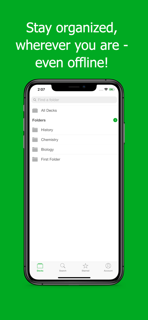 Flashcards Maker Flash Cards - Flashcards Maker App Benutzeroberfläche mit organisierten Lernordnern für Geschichte, Chemie und Biologie