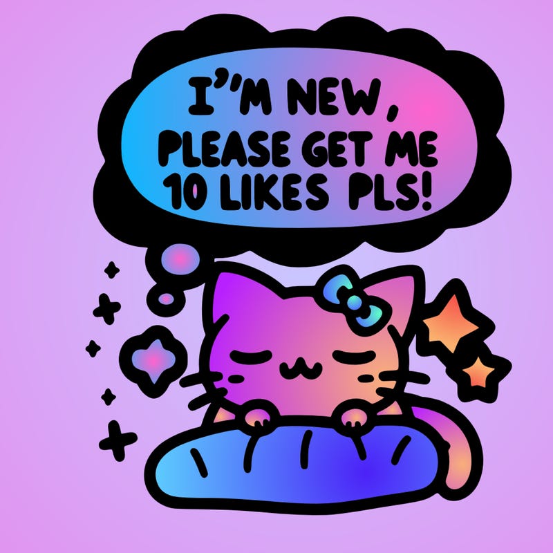 kitty taking a nap dream talking and saying "i'm new, please get me at least 10 likes pls!!"