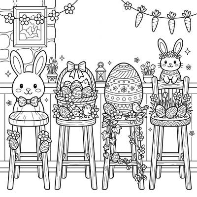 Dive into the joyful spirit of Easter with this delightful coloring page featuring counter stools playfully adorned for the holiday. Discover charming bunnies, intricately decorated eggs, and cheerful spring blossoms ready for your creative touch.