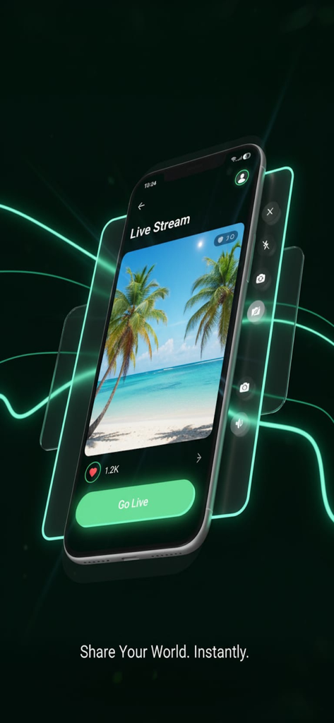 Ora Live - Uno smartphone che mostra l'interfaccia dell'app Ora Live con un'anteprima della spiaggia e un pulsante Go Live.
