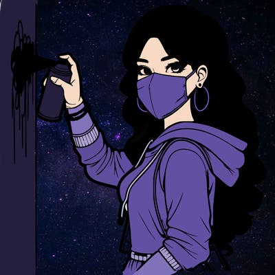 realistic girl with mask spray painting a wall