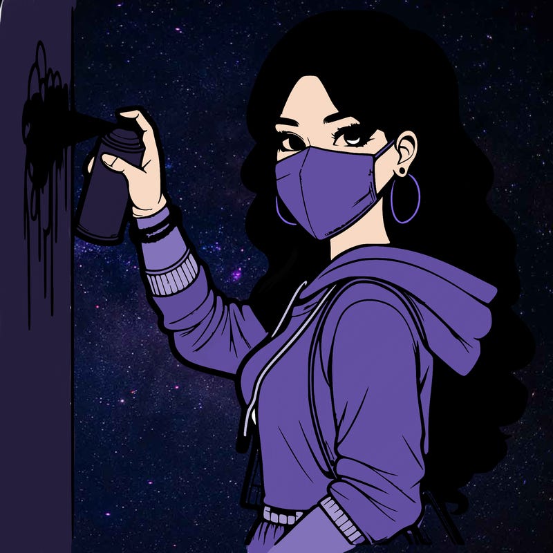 realistic girl with mask spray painting a wall