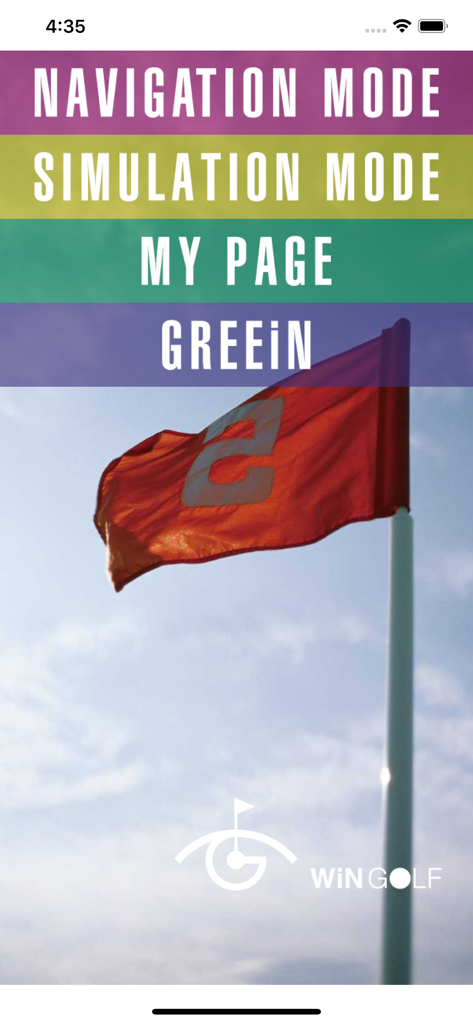 GolfGPS WinGolf-Golf Navi GPS - WinGolf GPS app home screen menu with navigation and simulation options