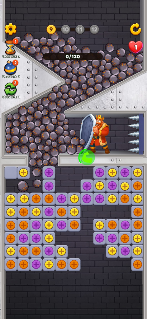 Royal Escape: King Castle - Jogabilidade de quebra-cabeça Match 3 com parafusos coloridos e o Rei preso em uma sala do castelo