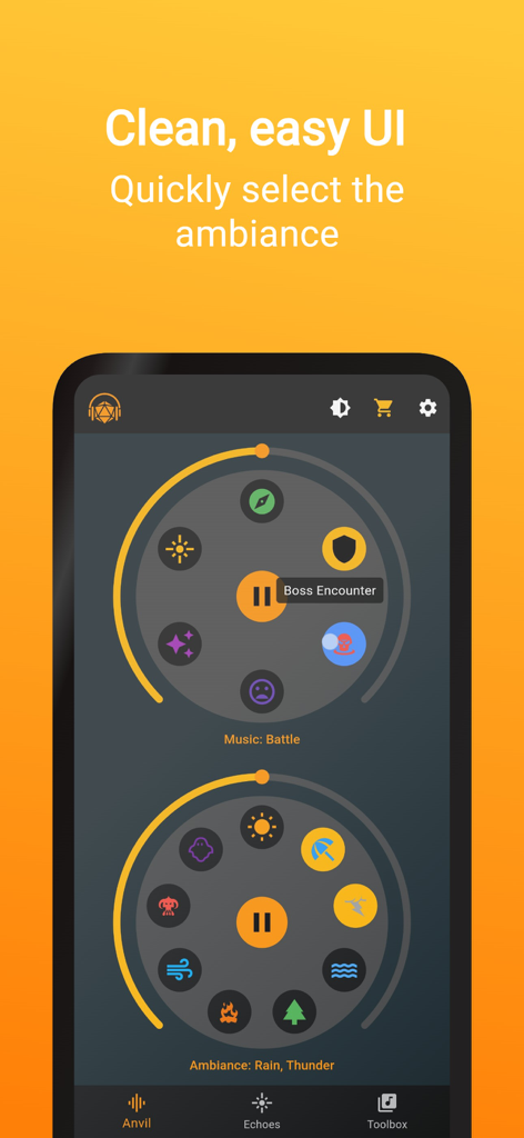 Audio Forge RPG Soundboard interface showing easy to use music and ambiance selection wheels