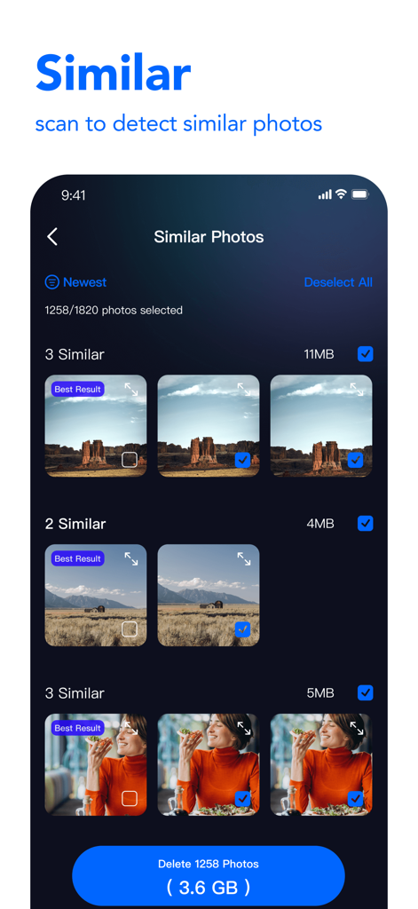 Interface showing how to scan and delete similar photos to free up phone storage with iCleaner