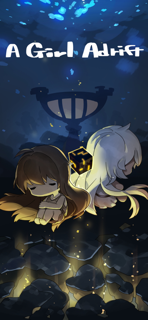 A Girl Adrift - Two characters from A Girl Adrift sitting in a calm dark underwater world