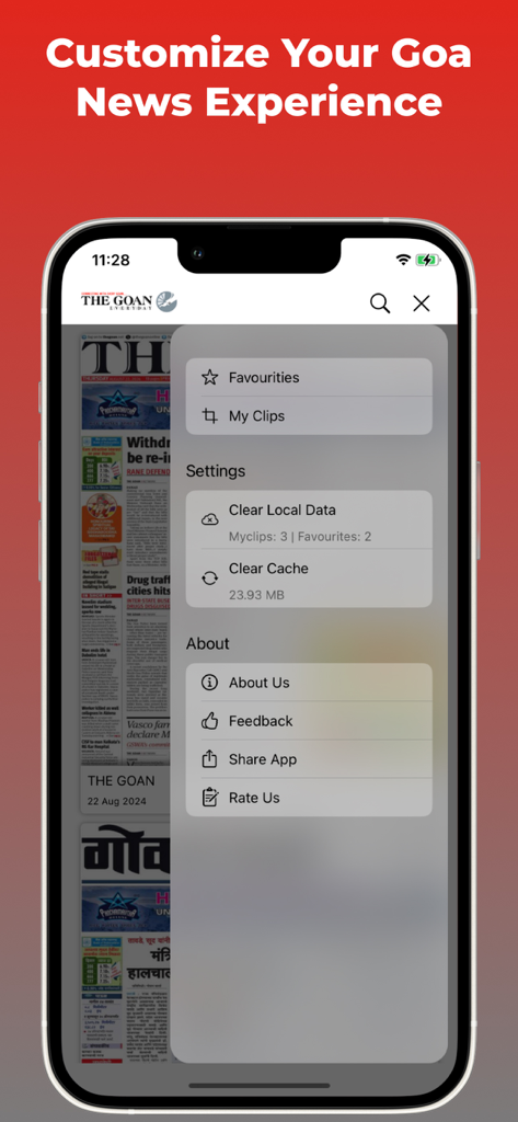 Settings and customization menu of The Goan E-Paper mobile app showing options for favorites, clips, and data management.
