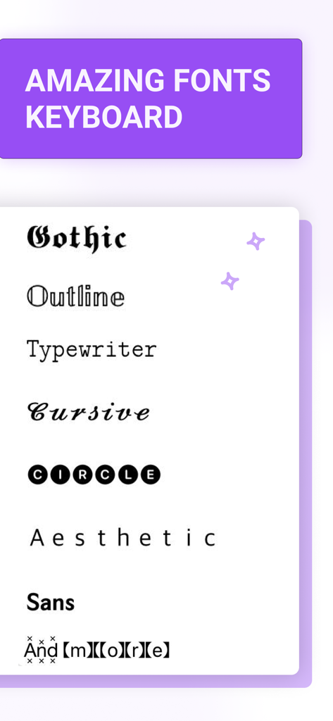 Keyboard Fonts＋Emojis＋Symbols - A menu showing different decorative font styles for an iPhone keyboard including Gothic Cursive and Aesthetic styles