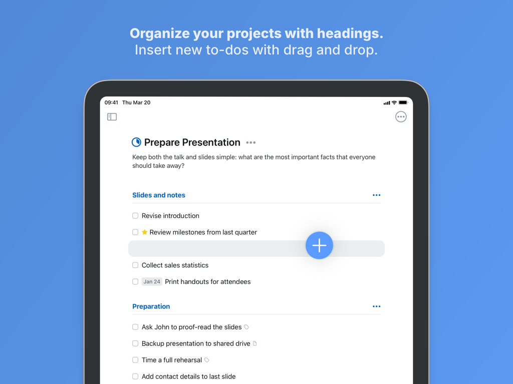 Interface de Things 3 pour iPad affichant l'organisation des projets avec des titres et le bouton Magic Plus pour l'insertion des tâches.