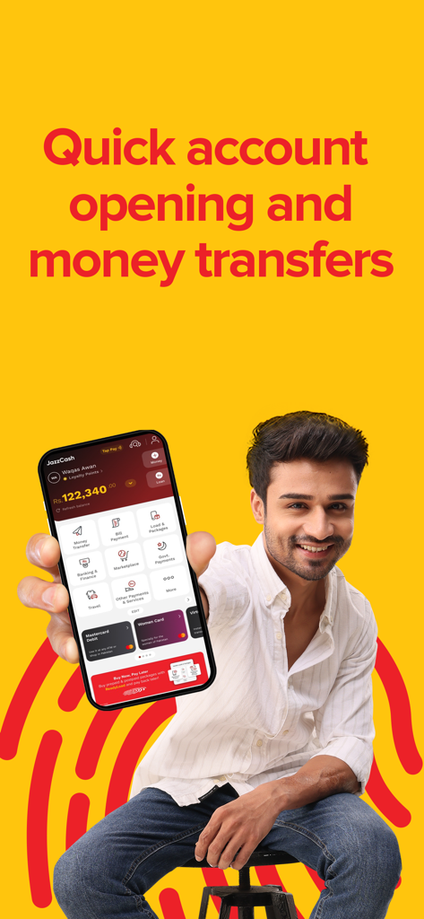 JazzCash- Your Mobile Account - JazzCash app interface showing quick account opening and money transfer features