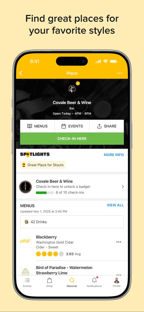 Untappd: Find Drinks You Love - Untappd app screen showing a venue profile with live drink menus and a check-in feature