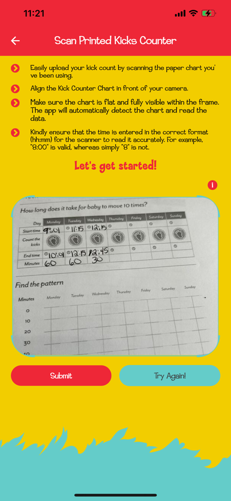 A smartphone screen displaying the OCR scanning tool for a printed baby kick counter chart