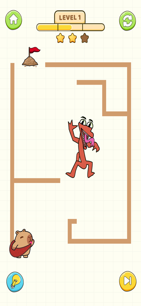 Capybara character in a drawing puzzle maze with a red enemy