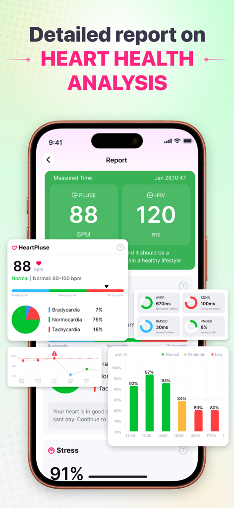 Health Monitor: Heart Rate - Relatório detalhado de análise de saúde cardíaca mostrando métricas de pulso e VFC