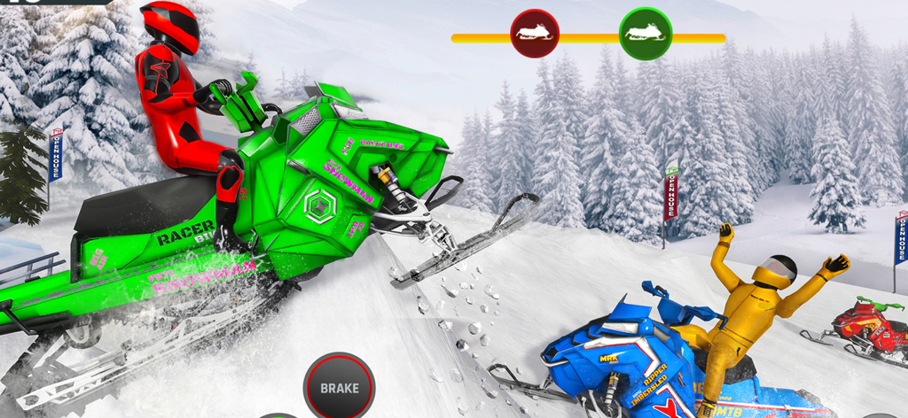 Snow Bike Racing Simulator ATV - Uma moto de neve verde personalizada saltando de uma rampa nevada durante uma corrida extrema no Simulador de Corrida de Moto de Neve.