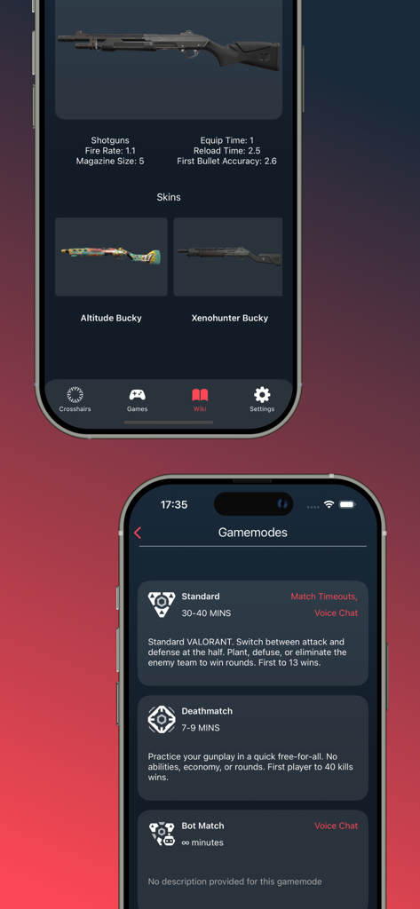 Valo AIM mobile app displaying weapon statistics, shotgun skins, and Valorant game mode information