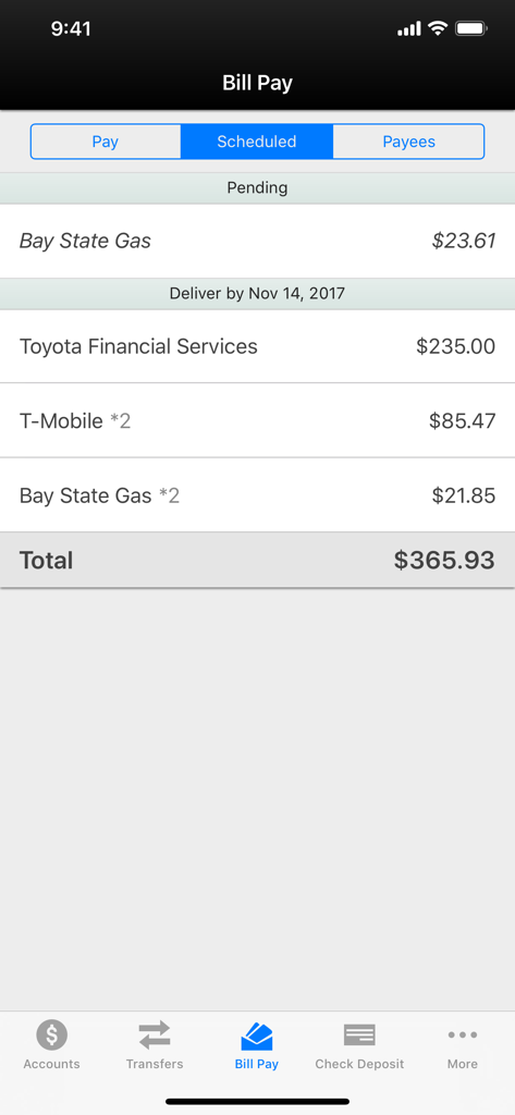 Valley Mobile Banking - Scheduled bill payments screen in the Valley Mobile Banking app showing a list of pending transactions.