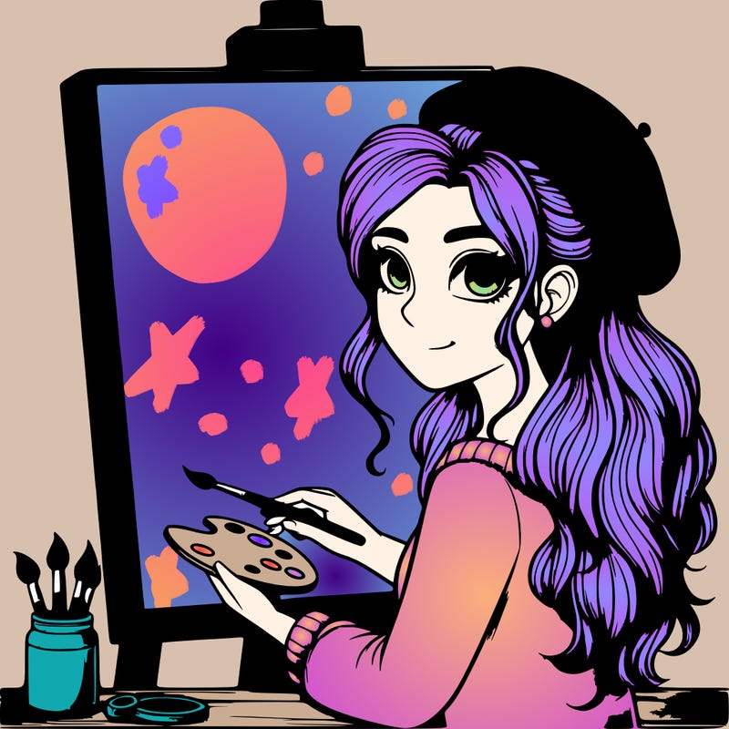 realistic girl artist painting a blank canvas