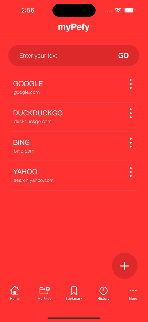 myPefy: Web to PDF Convert - Écran d'accueil de l'application myPefy avec des raccourcis de moteurs de recherche pour la conversion Web vers PDF