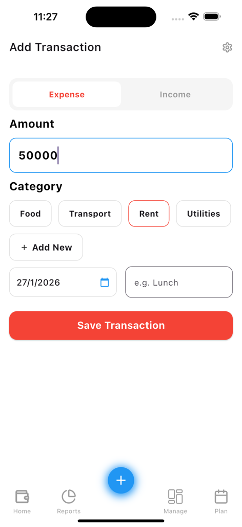 Interfaz para agregar una nueva transacción de gastos con selección de categoría para alquiler y comida