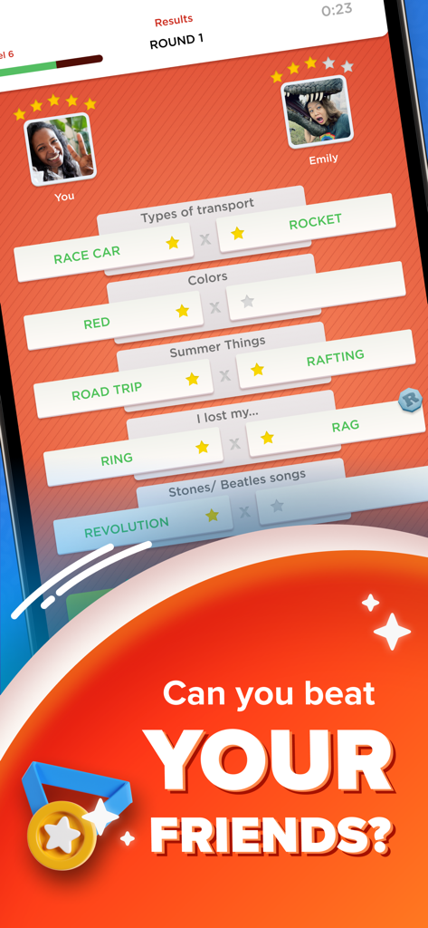Stop - Categories Word Game - ストップカテゴリー単語ゲームの対戦結果画面。文字Rから始まる単語で競い合う2人のプレイヤーが表示されています。