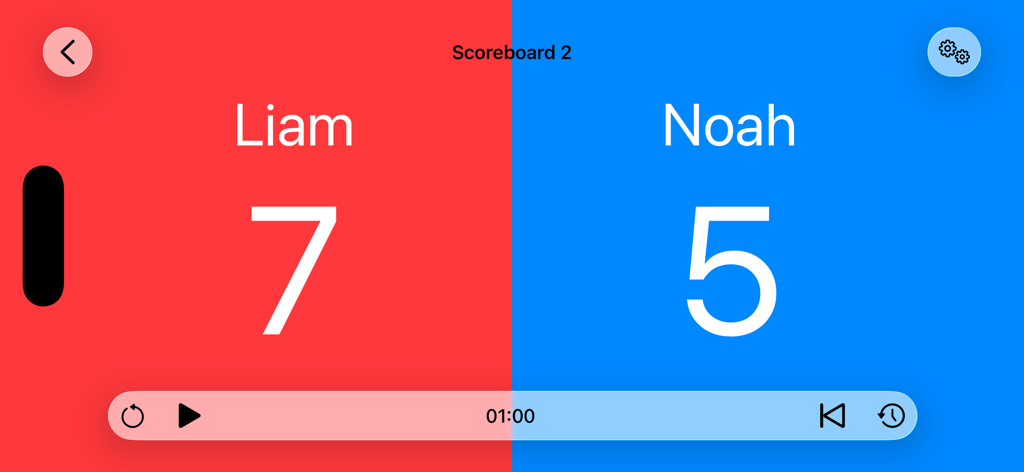 Digital scoreboard interface with red and blue panels showing player scores.