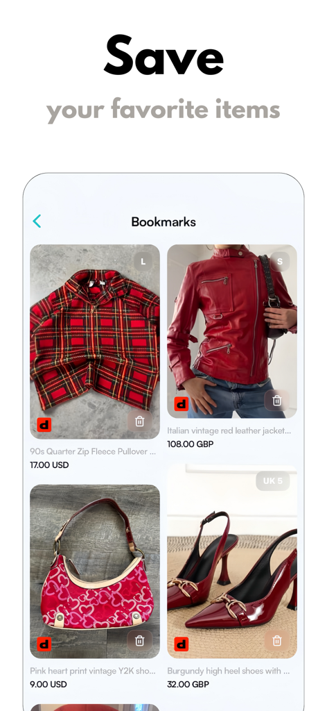 The Refind app bookmarks screen showing saved secondhand fashion items like jackets and bags.