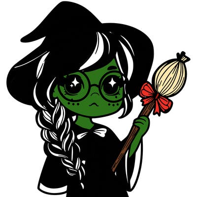 a witch with a braid and two glasses