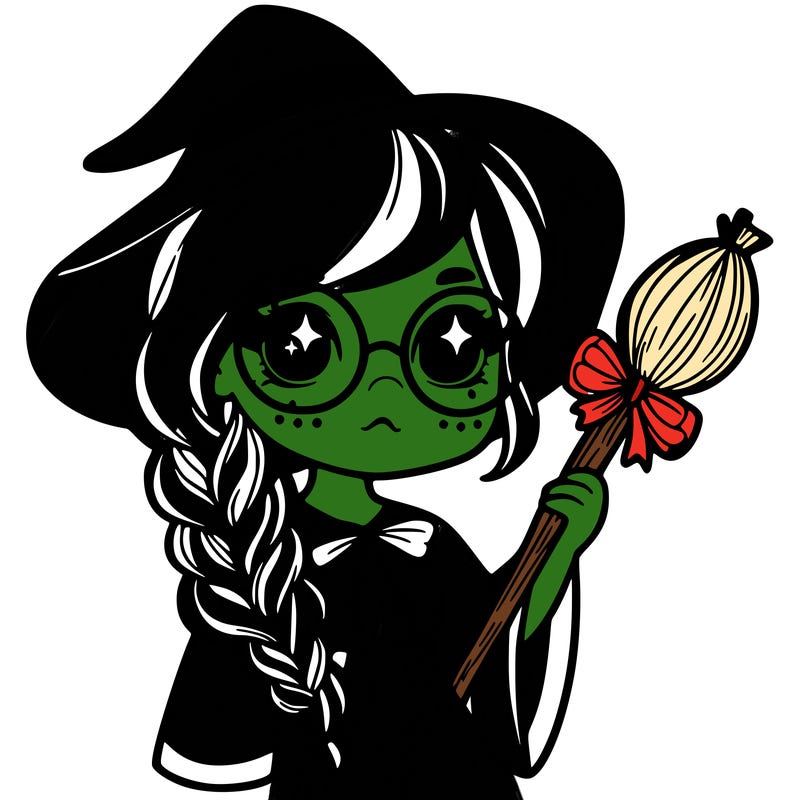 a witch with a braid and two glasses