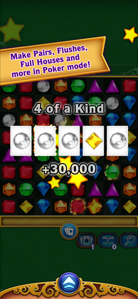 Jugabilidad de Bejeweled Classic que muestra Póker de Cuatro Cartas en el modo Poker