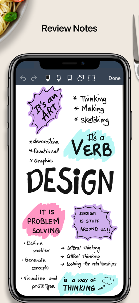 Noteshelf 2 app showing creative handwritten design notes with colorful sketches and highlights on a smartphone