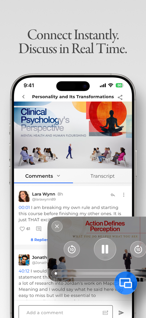 Peterson Academy - Peterson Academy app interface showing real-time course discussions and a picture-in-picture video player.