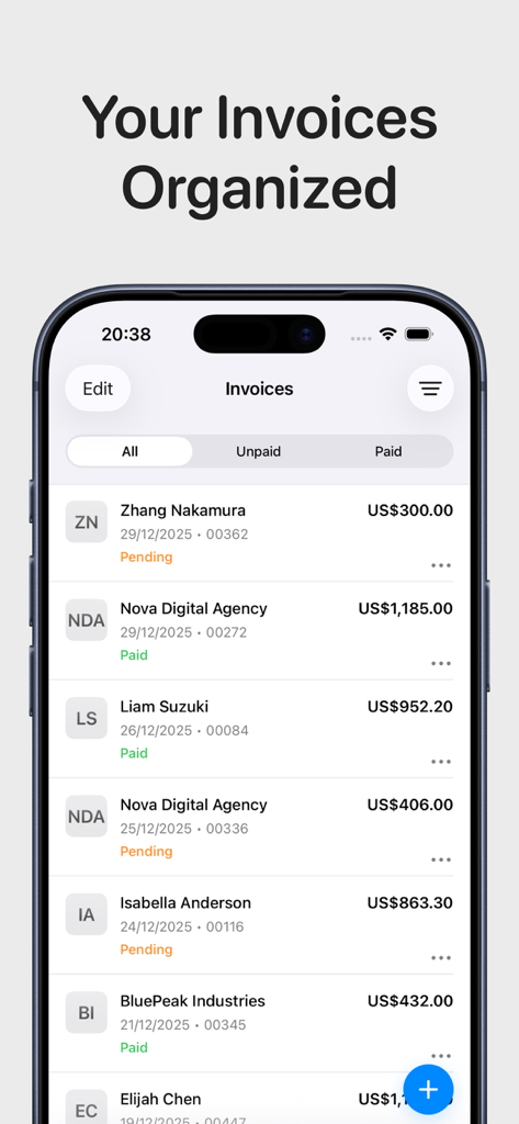 Invoice Generator & Estimates - Panel de la aplicación móvil que muestra una lista de facturas organizadas con indicadores de estado de pago y pendientes