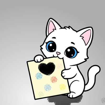 a small cat with a blank sheet of paper in its hand. the cat is sooooooo cute!