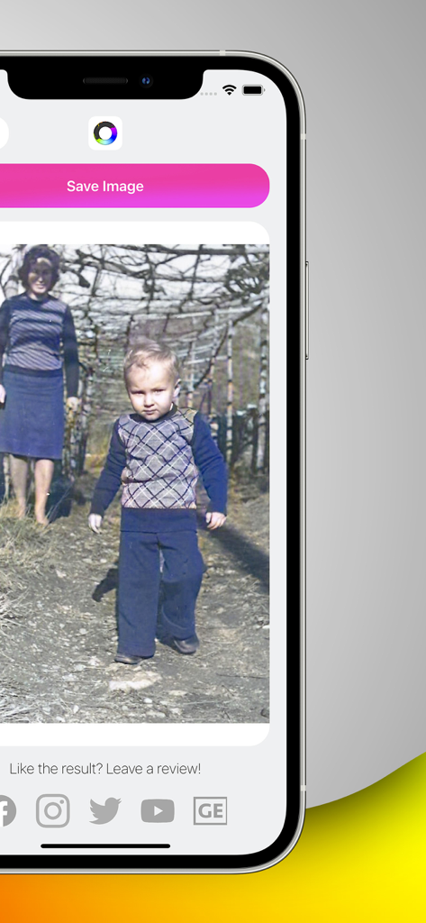 Smartphone screen displaying a colorized old photo of a young boy and woman using AI restoration