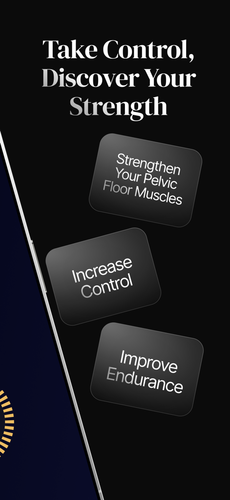 App screen highlighting benefits like strengthening pelvic floor muscles, increasing control, and improving endurance for men