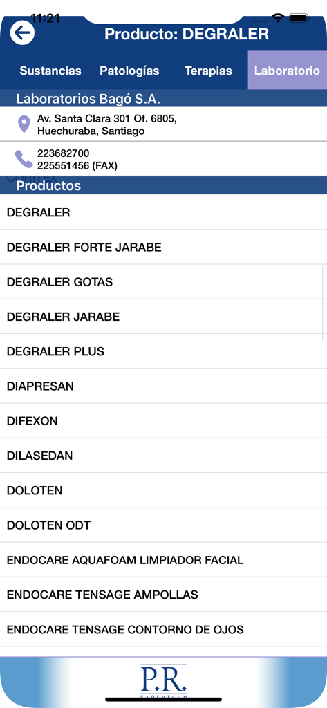 PR Vademécum Chile 2026 - Interface de aplicativo móvel do PR Vademecum Chile mostrando uma lista de produtos médicos dos Laboratorios Bagó